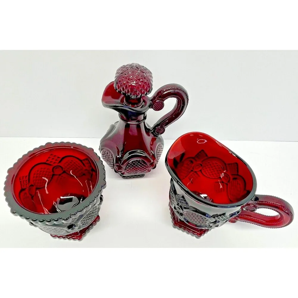 Vintage Avon 1876 Cape Cod Ruby Red Cruet w/ Stopper + Creamer & Sugar Set-EXCL